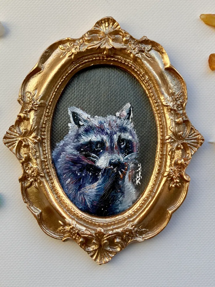 Raccoon Oil Painting Original In Vintage Style Frame Small Framed Animals Wildlife Art Oval Frame