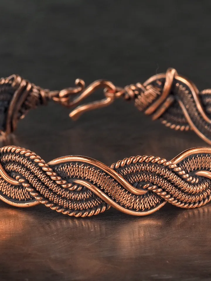 Unique copper wire wrapped bracelet for him or her 7th 22nd Wedding Anniversary gift idea Unique pure copper wire wrapped jewelry Antique style Handmade statement artisan jewellery Healing copper therapy bracelet bangle arthritis pain relief Wearable art