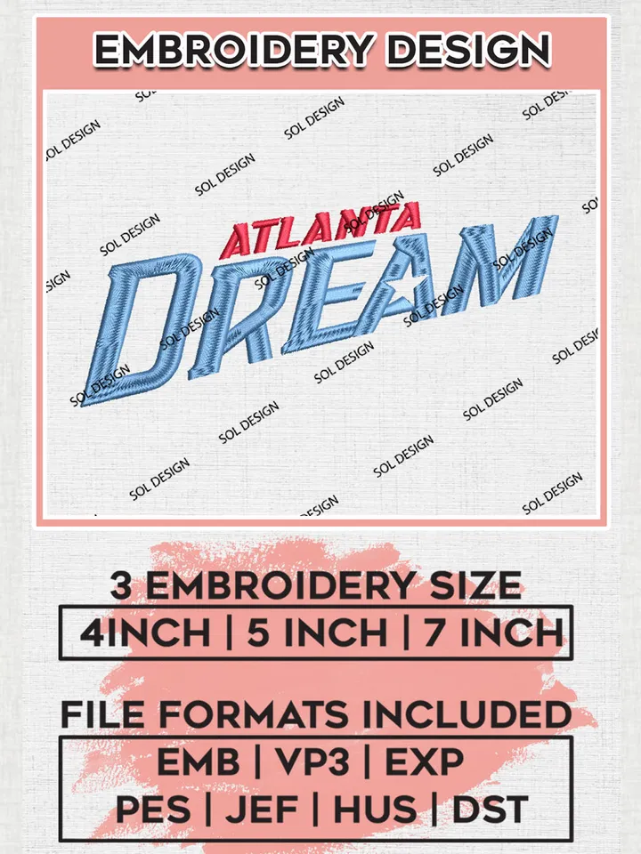WNBA Atlanta Dream Basketball Team Embroidery Files, WNBA Atlanta Dream Team Embroidery Designs, WNBA Teams, 3 sizes, Machine embroidery designs, Digital Download