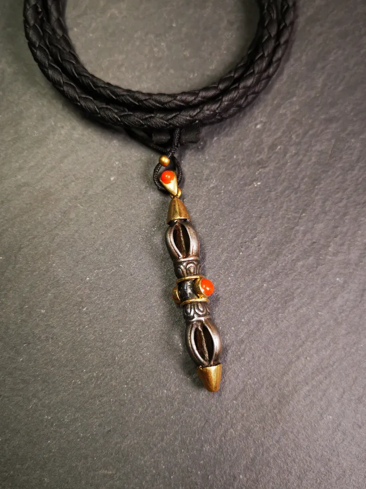 Gandhanra Tibetan Buddhist Amulet,Vajra Dorje Pendant, Made of Cold Iron,Inlaid with Agate,1.96&quot;