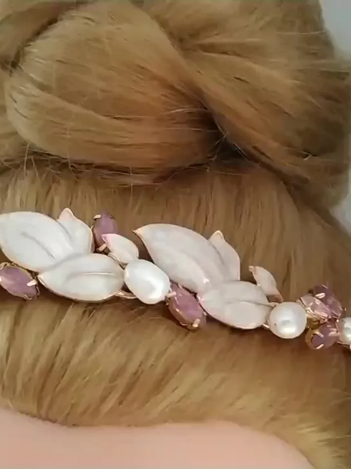 Freshwater pearl Purple Opal Wedding Headband and Earrings Jewelry Set, Grecian Style Laurel Bridal Tiara, Gold Wedding Crown, Boho Jewelry