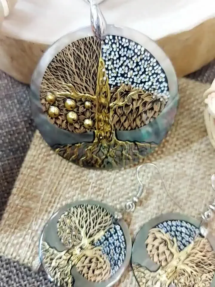 Seasons of Life: Artistic Tree of Life Pendant and Earrings Set - Hand-Painted by Skilled Artisans inspired by Gustav Klimt's Masterpieces