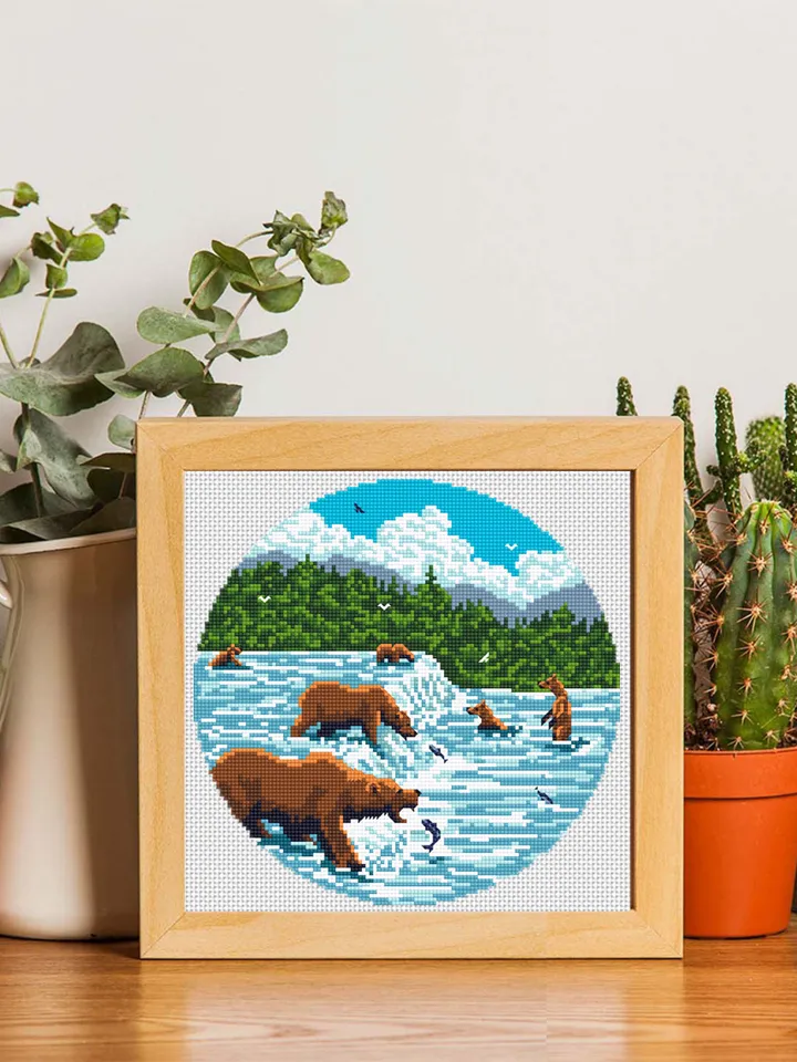 Katmai national park cross stitch pattern PDF download Bears catch fish, Nature cross stitch chart, Brooks falls in Alaska Bear fishing #L70