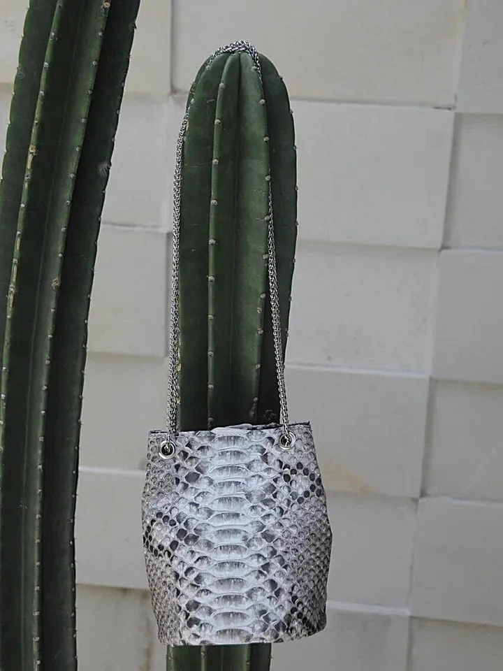 Genuine python skin bucket grey chain bag / designer women purse / summer soft  bag / exotic leather bags free shipping / gift for her