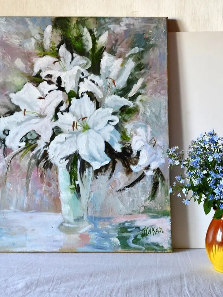 Lily Floral Art White Flower Original Art Lily Oil Painting