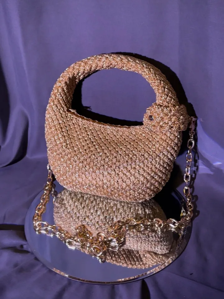 Luxury gold small women one piece handbag, crossbody hobo, top handle, small purse, crochet clutch, shoulder bag, event wear