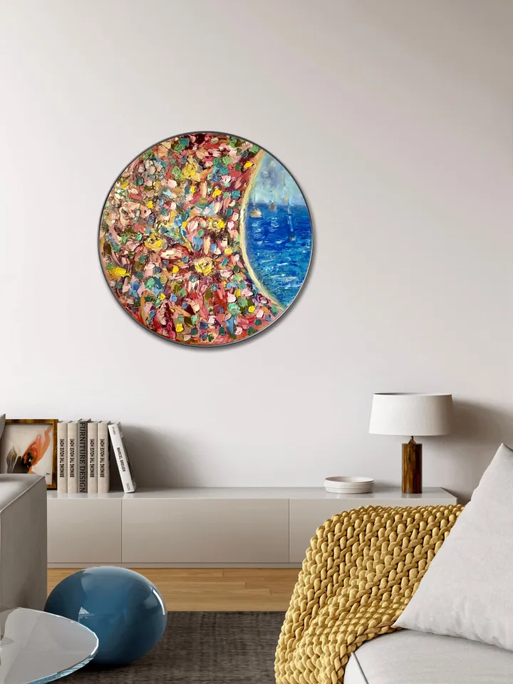 Fantasy mix media seascape and flowers painting,oil impasto painting,colourful wall art on round canvas,unique handmade gift home decor.