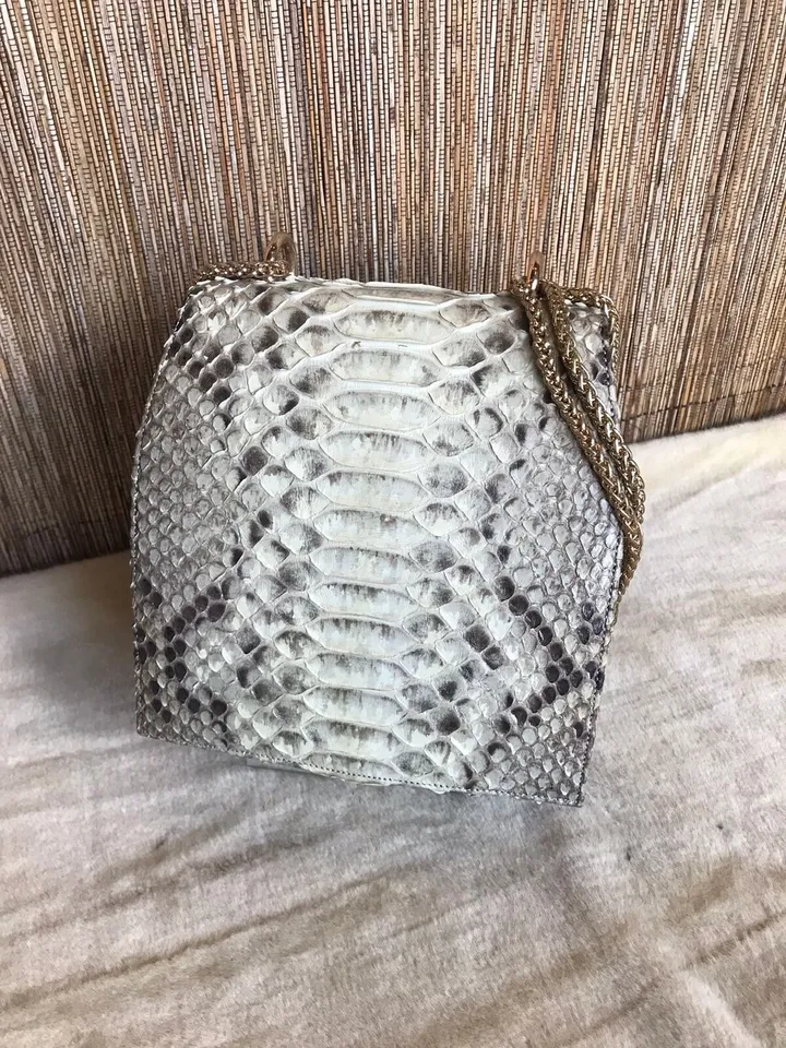 Genuine python skin classy crossbody bag / elegant classy snake print bag / designer gray purse / handbag with chain / classy shoulder bag