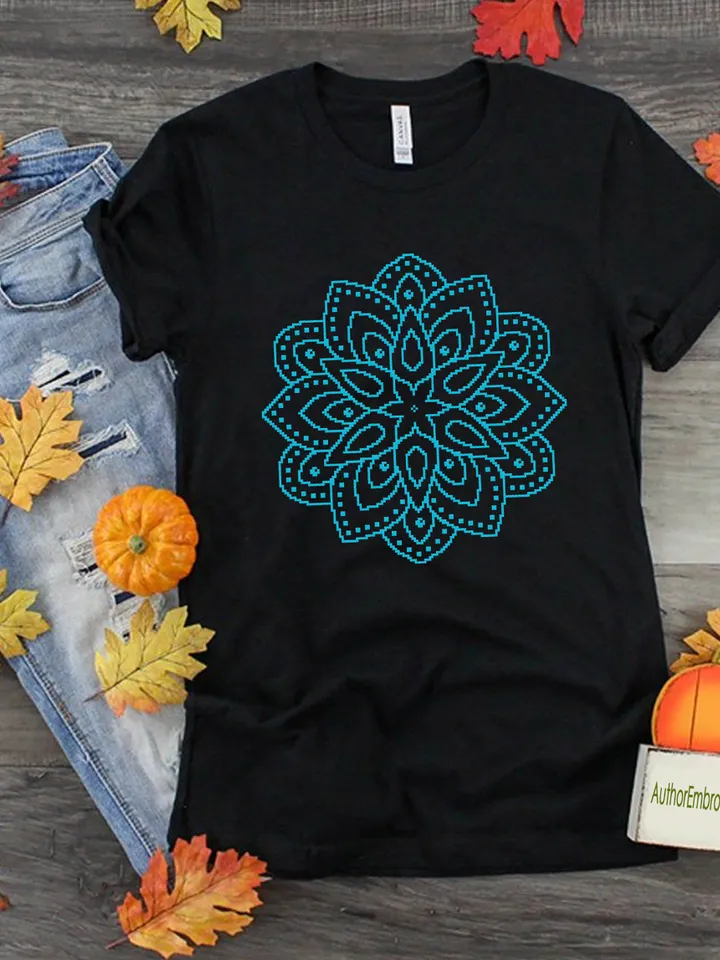 Simple mandala cross stitch pattern download PDF, Easy floral ornament beginners embroidery, Monochrome mandala ornament cross stitch #M94