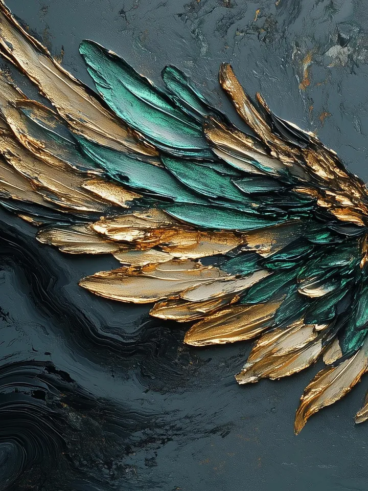 Large Emerald Green & Gold Angel Wings Impasto Painting, Textured 3D Wall Art, Original Abstract Art, Unique Home Decor, Office Wall Decor