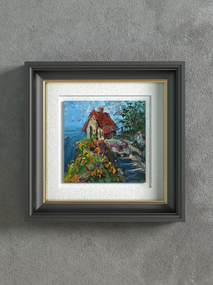 The Small House On The Ocean, oil, cardboard, 4x4" 🏡