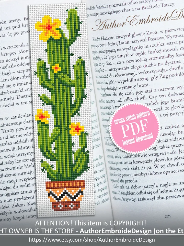 Cactus bookmark cross stitch pattern PDF download Blooming cactus cross stitch chart, Floral bookmark pattern digital, Saguaro cactus #B333