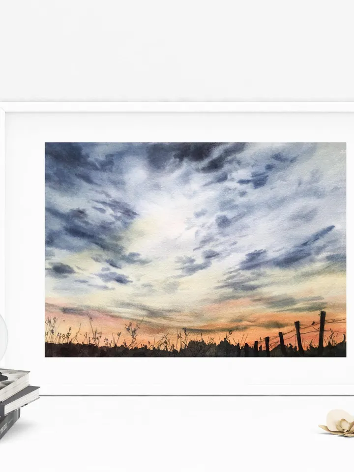 Sunset Original Painting Watercolor Landscape Sunrise Cloud Wall Art