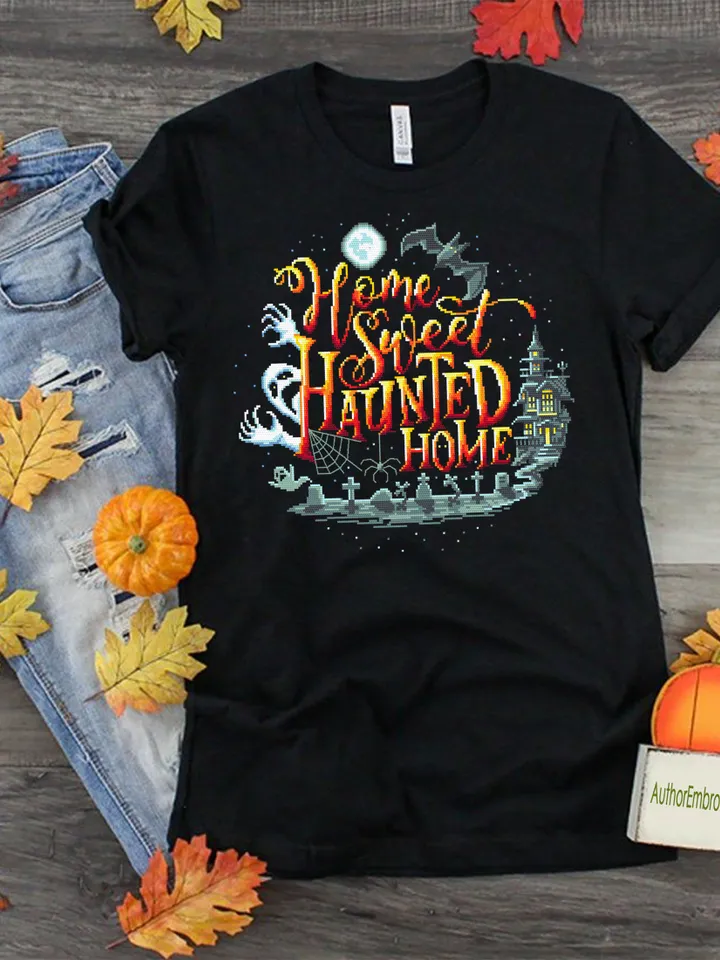 Halloween quotes cross stitch pattern download PDF, Horror cross stitch chart, Home sweet haunted home, Happy Halloween embroidery PDF #H37