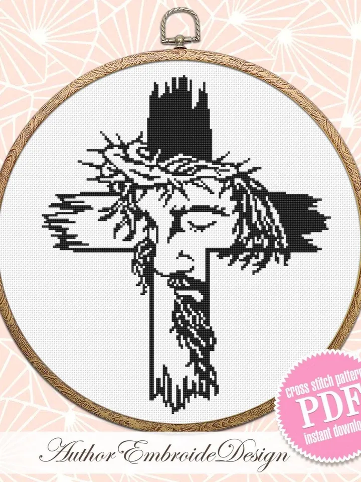 Religious cross with Jesus cross stitch pattern PDF instant download Christian cross stitch chart, Jesus on the cross digital pattern #O21