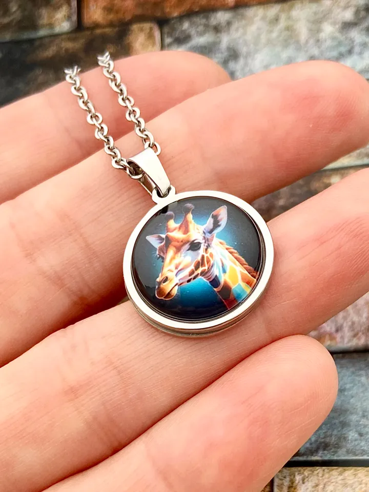 Giraffe necklace, steel pendant with glass, Giraffe lover gift