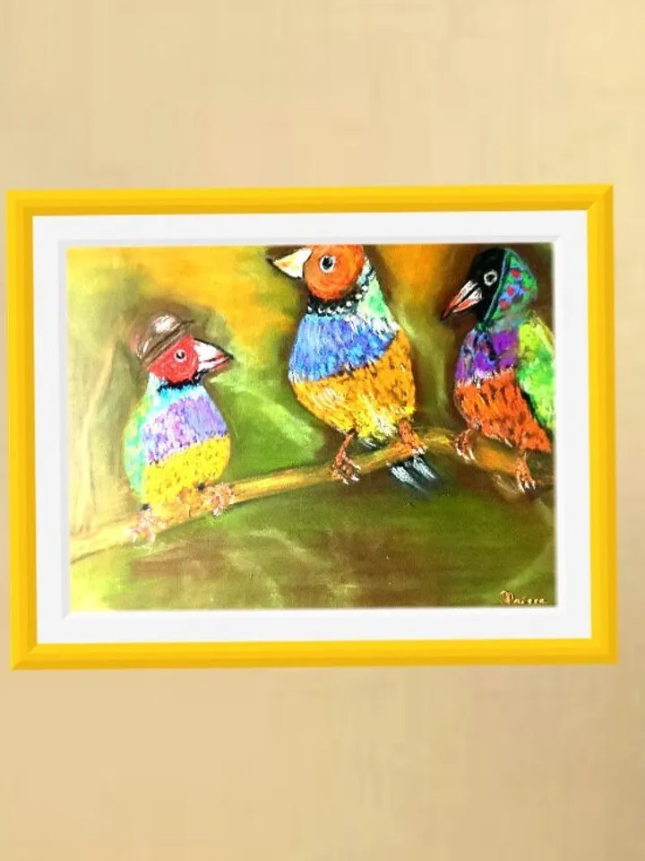 Funny birds painting ,3 friends, original pastel painting,bright colours.