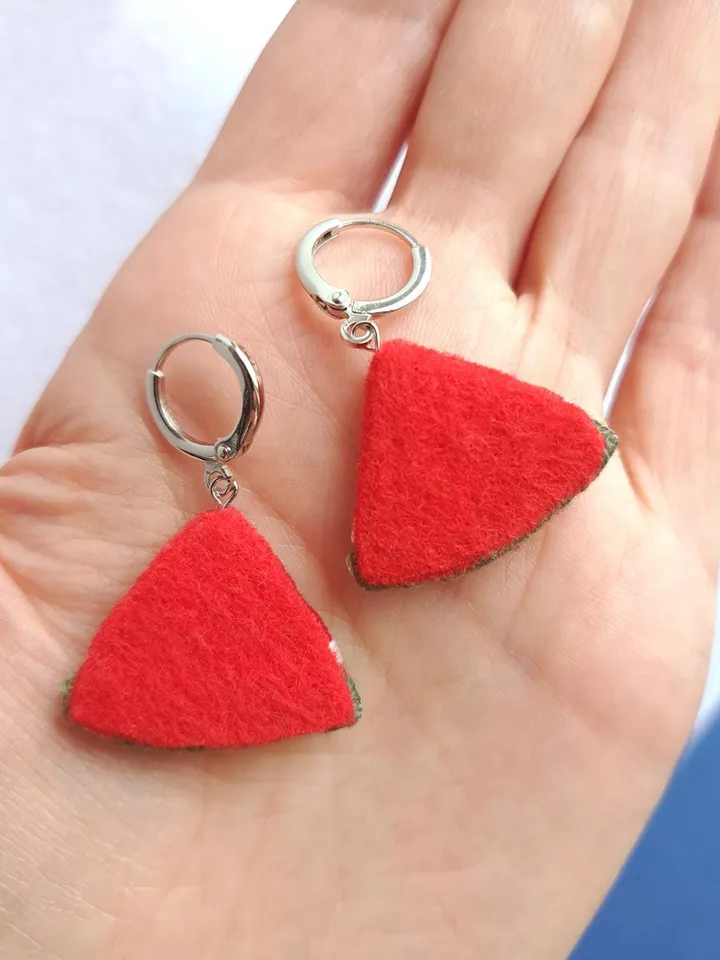 Watermelon Slice Earrings Embroidery Handcrafted Seed Bead Dangles Fun Summer Jewelry Artisan Earrings Quirky Jewelry Accessory Gift