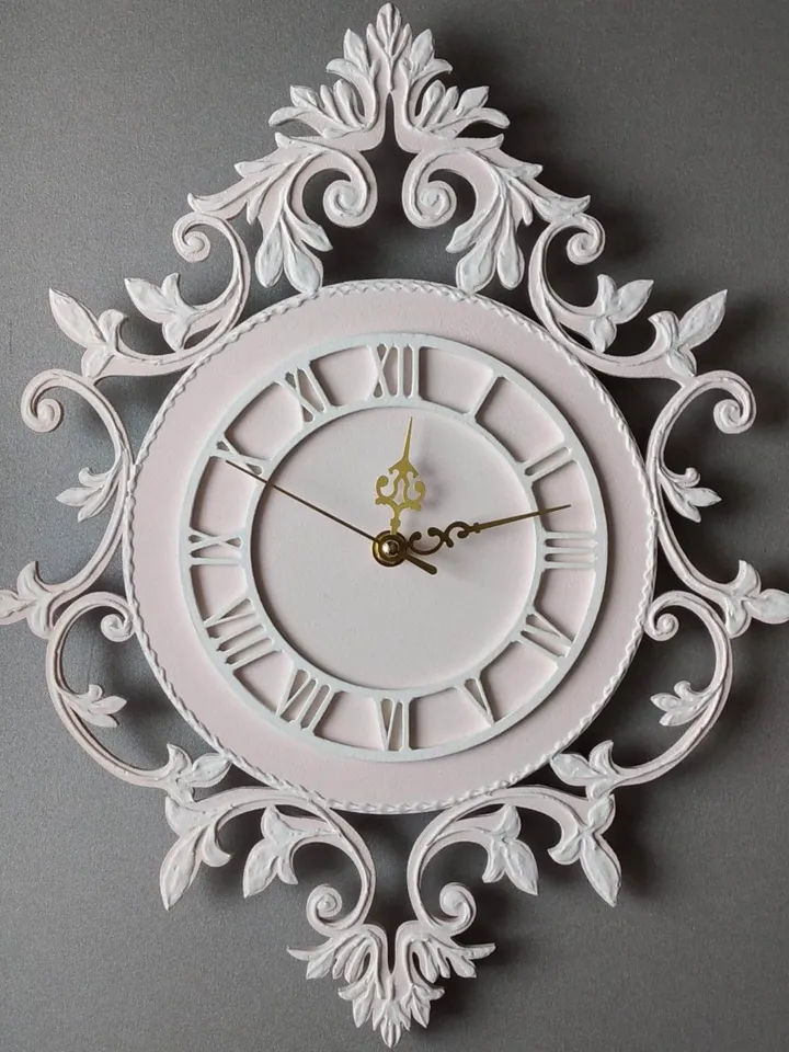 Small pink wall clock with white ornaments and roman numerals in vintage style Silent clock for bedroom, living room or nursery Gift for Christmas, Birthday, Mother's Day, Wedding, Housewarming
