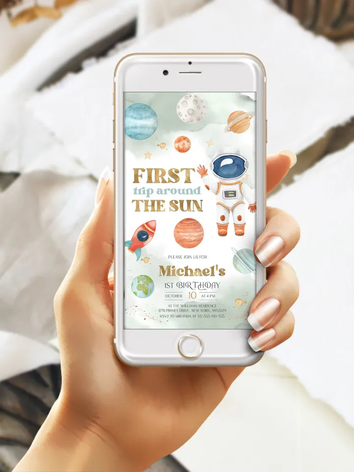 Editable First Trip Around the Sun Galaxy Blast Off Invitation Space Birthday Party Galaxy First Birthday Party Template Outer Space