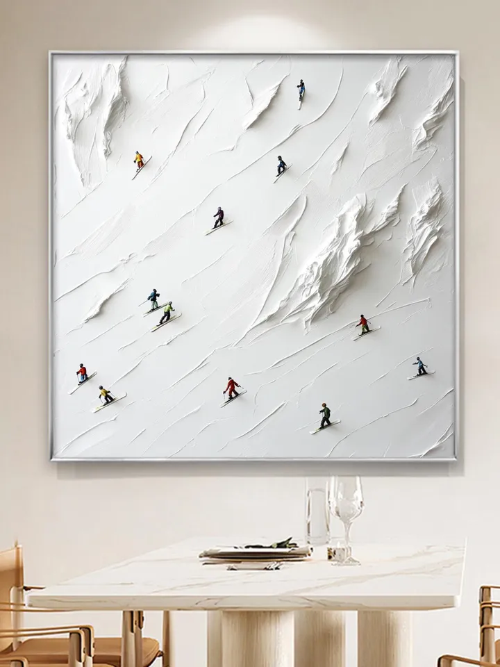 Skiers on the Slopes, 3D Impasto Winter Sports Art, Textured White Mountain Painting, Miniature Skiers Decor, Unique Gift for Ski Lovers
