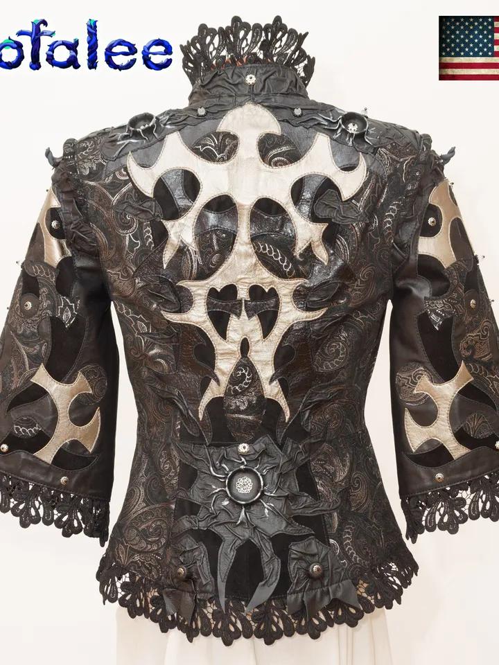 Real leather Jacket short sleeves aristocratic style silver-black color/ Exclusive handmade clothes by Sofalee