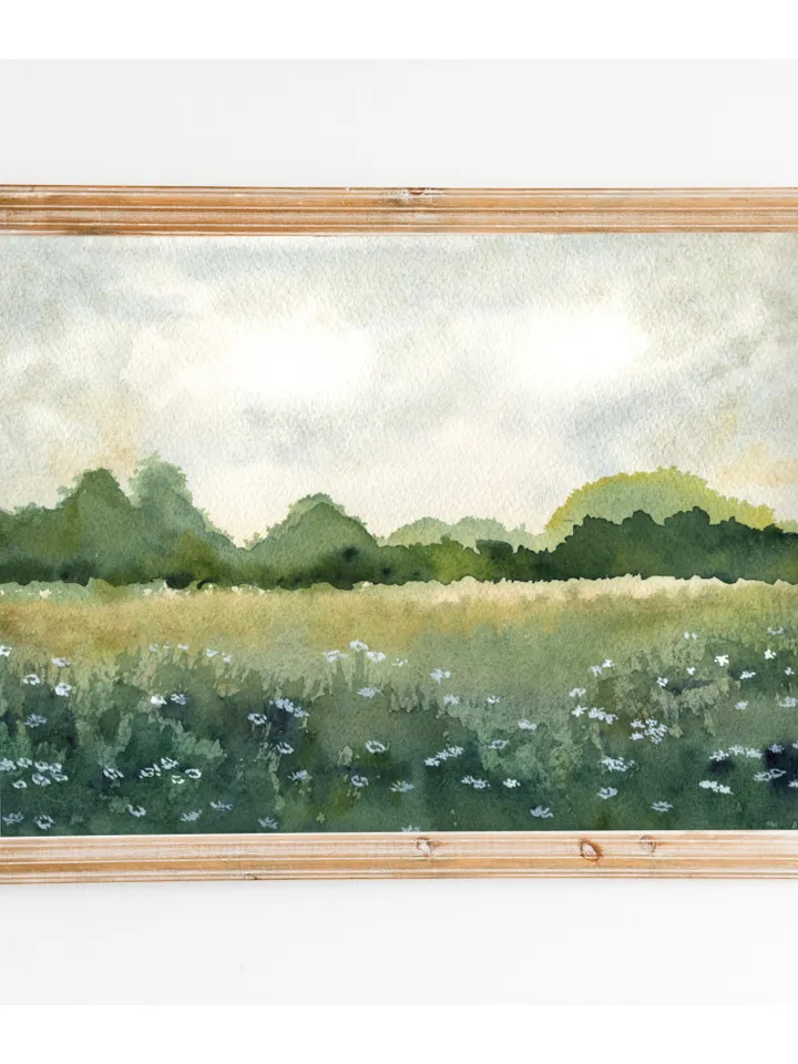 Summer Landscape Wild Flowers Print, Green Field Wall Art, Bed Room Art Print, Country Print, Sun Flower Painting, Neutral Green Print