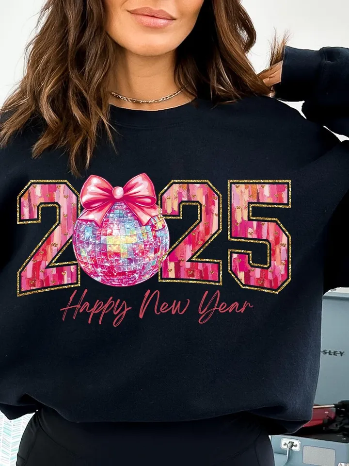 Happy New Year 2025 Png, Pink Coquette Bow Png, Retro New Years Png, Glitter Disco Ball Png, New Year New Me Png, Varsity Png, Brushstroke