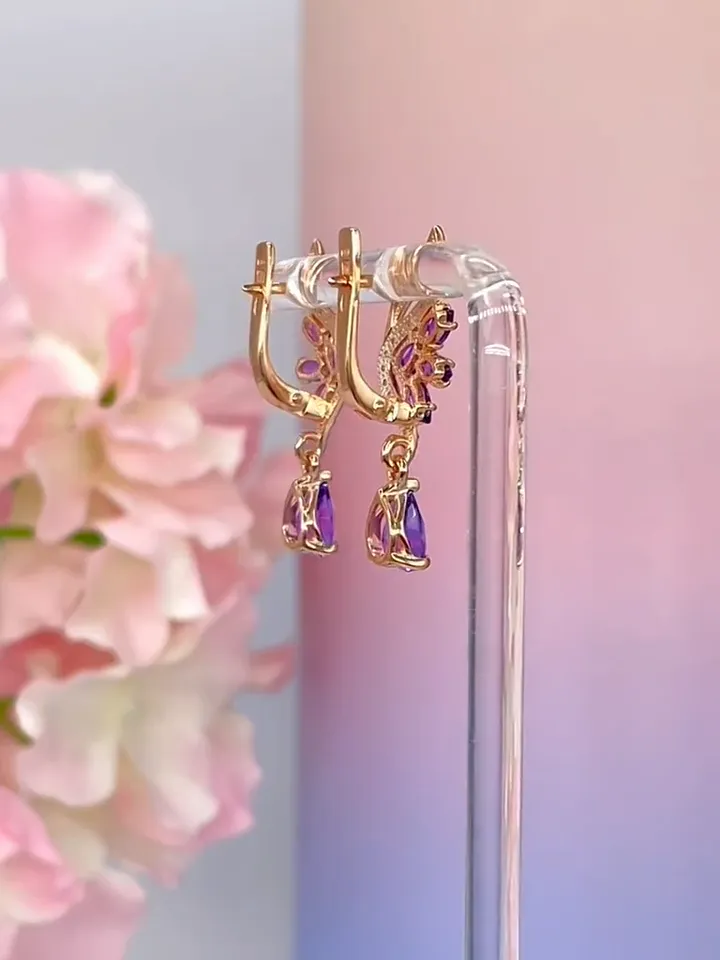 Earrings with natural amethyst and cubic zirconia made of 925 silver