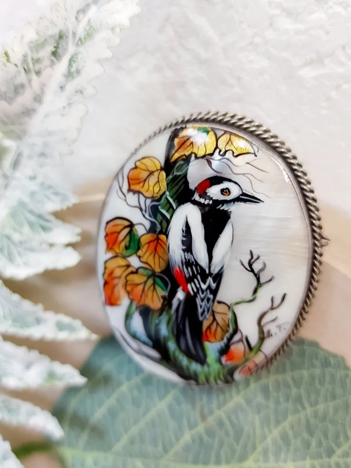 Handmade brooches for women with Forest Bird: hand painted mother of pearl brooch, elegant shell pin with Woodpecker in the forest