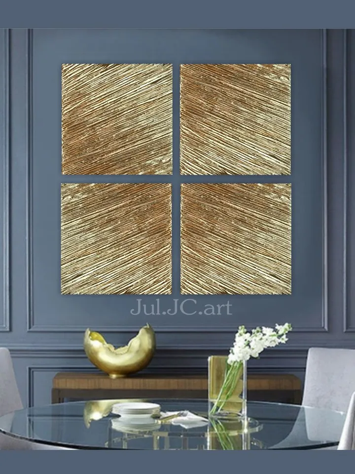 Gold Abstract Wall Art Set of 4 Original Paintings Textured art | Gold Metallic Modern wall decor Gold Leaf Art