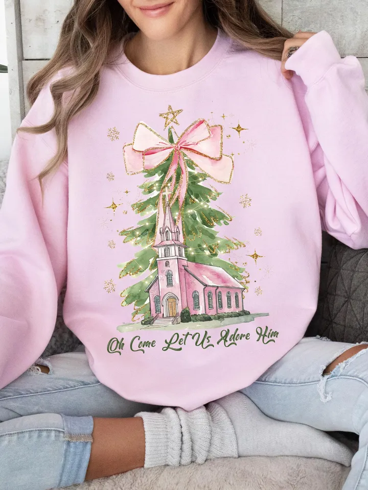 Oh Come Let Us Adore Him Png, Watercolor Christmas Tree Girly, Jesus Christmas Coquette Bow Tree Png, Christmas Lights Hand Drawn