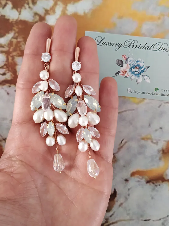Opal Rose Gold Wedding Earrings, Chandelier Statement Earrings, Cubic Zirconia Wedding Jewelry, Boho Wedding Earrings, Boho Bridal Earrings