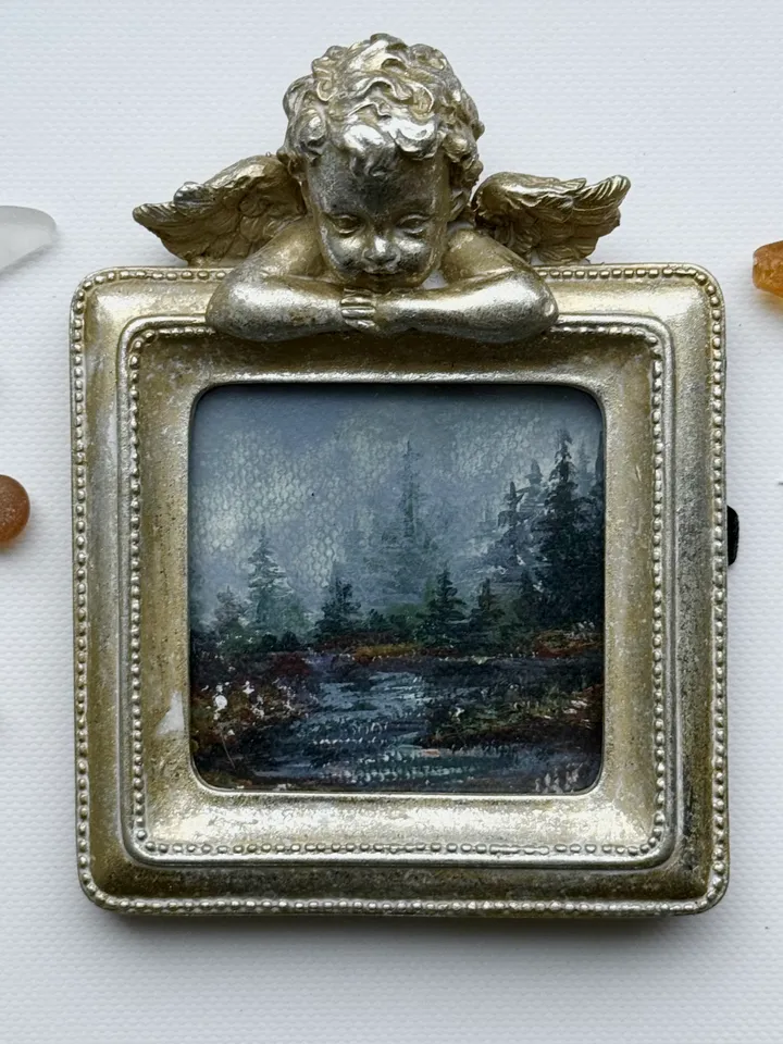 Small Landscape Painting Framed Original Foggy Cliff Painting Antique Misty Art Coastal Gold Frame Tiny Paintings 4 x 4 Art Victorian artwork