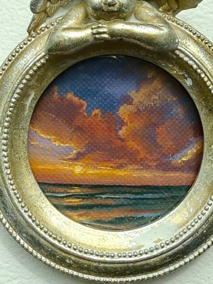 Small Landscape Oil Painting Framed Original Colorful Pink Clouds Antique Ocean Art Coastal Antique Frame Tiny Paintings 4 x 4 Art Victorian artwork