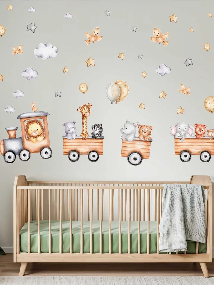 Watercolor Train animals Wall Decals Set Kids Stickers el23
