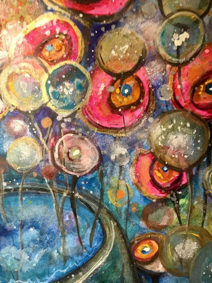 Foreign gardens-original watercolour mix media painting,fantasy flowers wall art,floral landscape,wall decoration,unique gift.