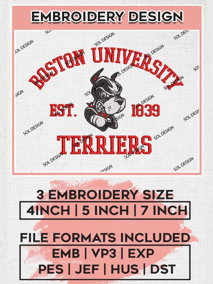 Boston University Terriers Est 1839 Logo Embroidery Designs, NCAA Boston University Terriers Team Embroidery, NCAA Team Logo, 3 sizes, Machine embroidery Files, Digital Download