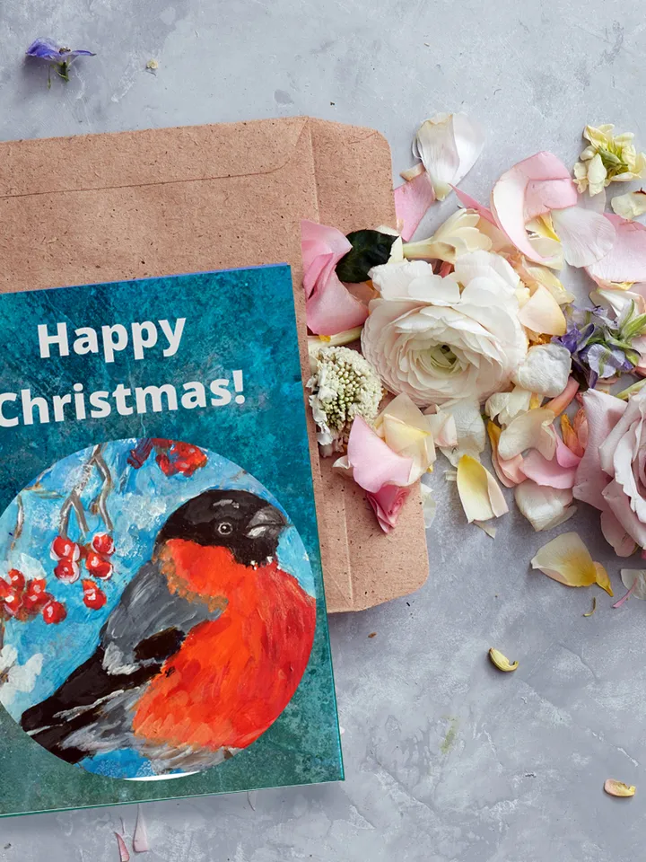 Snowbird Christmas postcard, Digital Greeting Card, Bullfinch digital Art