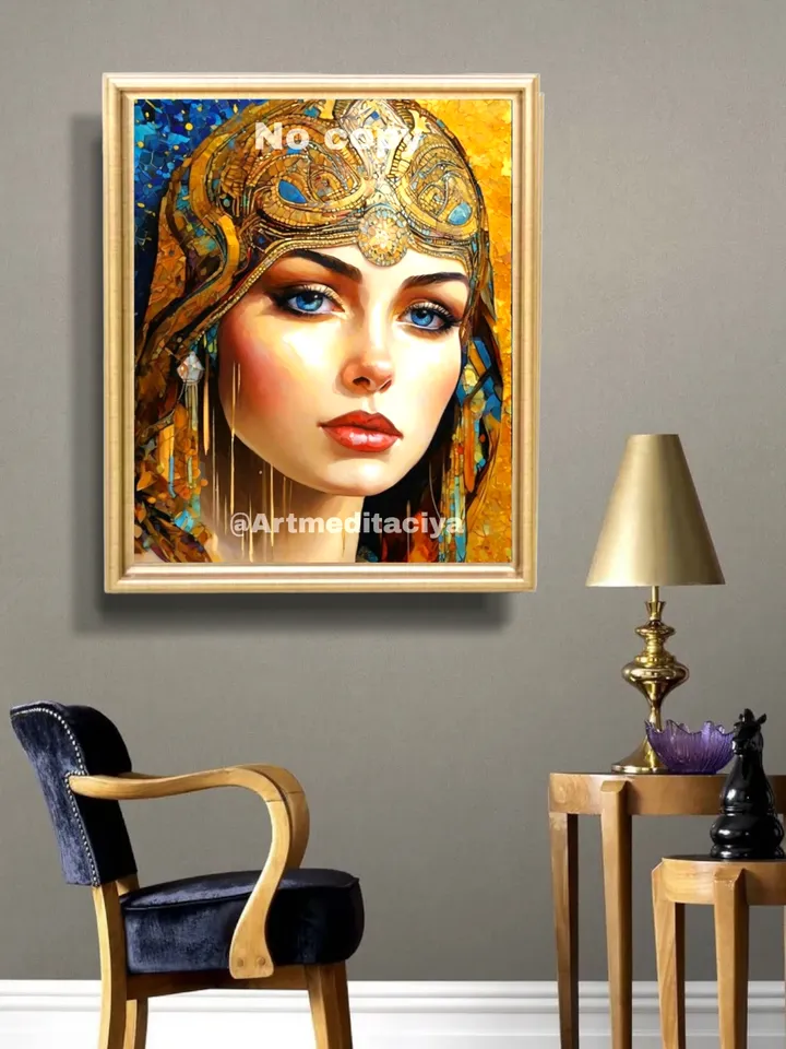 Digital abstract modern painting "Mysterious Stranger", a sweet blue-eyed Slavic woman in an ornamental golden-blue shawl on an abstract contrasting blue-yellow background "day-night", made in the ethnostille of oil painting