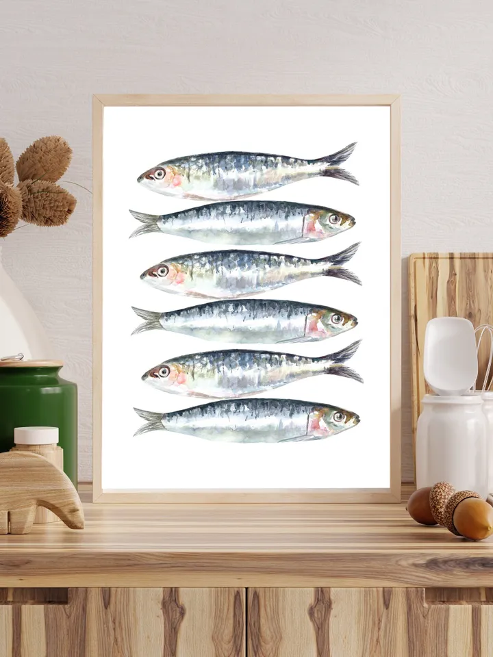 Sardines Art Print Watercolor Painting Kitchen Art Food Art Fishing Decor Gift Sardines Food Still Life Fishing Decor Fodd Still Life Print