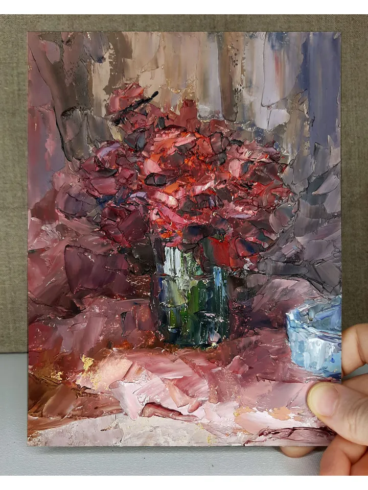 Red Flowers PAINTING 8x6" ORIGINAL Artwork Flower Art Signed by artist Marina Chuchko Impressionist Small Oil Painting