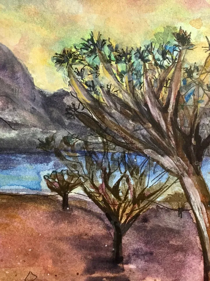 Dragon trees original watercolour african landscape painting.Landscape wall art.Original watercolour art. Sunset painting.Fantasy landscape.