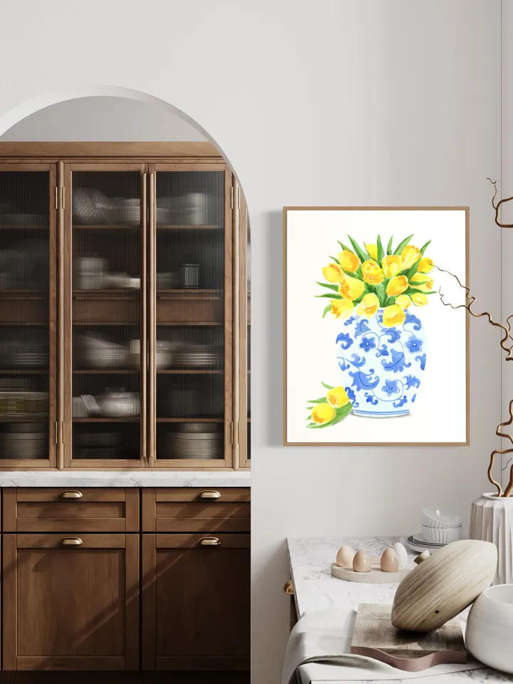 Chinoiserie Vase And Yellow Tulips, Blue White Ginger Jar, Flower Vase Painting, Vintage Chinoiserie, Ginger Vase, Apartment Decor, Print