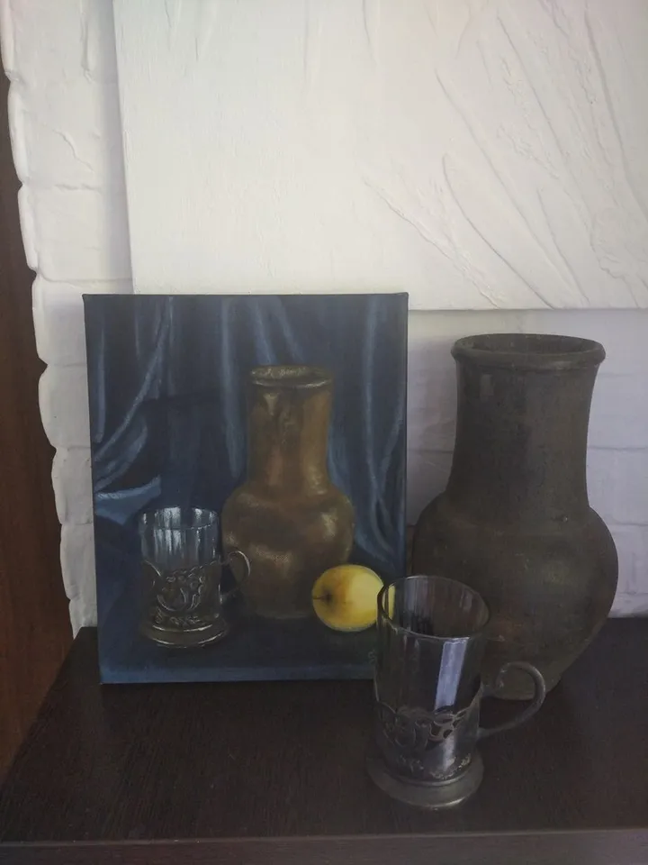 Oil Painting Still Life with Apple and Jug, Glass Goblet on Metal Stand. Vintage Items. Miniature Oil Painting 12x10 Inches