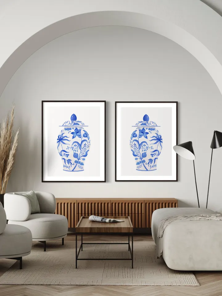 Blue Chinoiserie Vase Set Of 2 Wall Art, Ginger Jar Wall Art, Blue And White, Chinoiserie Chic, Vintage Art Print, Vase Still Life