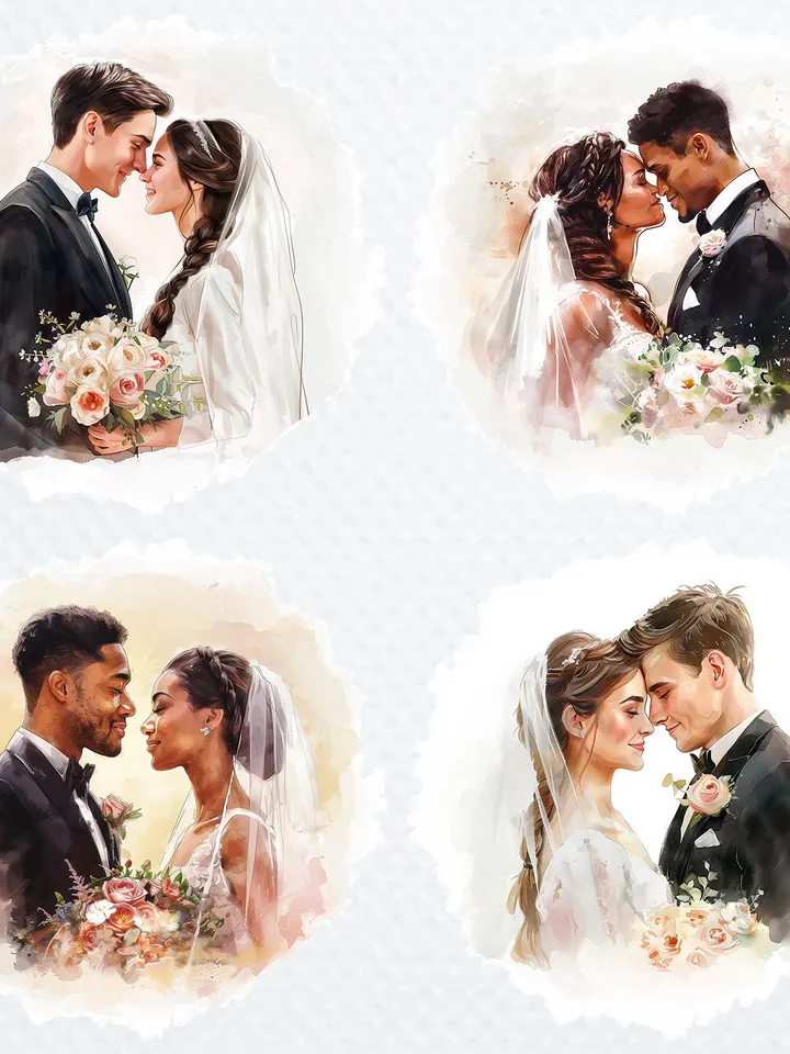 22 Wedding Couple PNG Bundle for Wedding Invitation, Printable Watercolor clipart for sublimation, Interracial couples PNG , junk journal