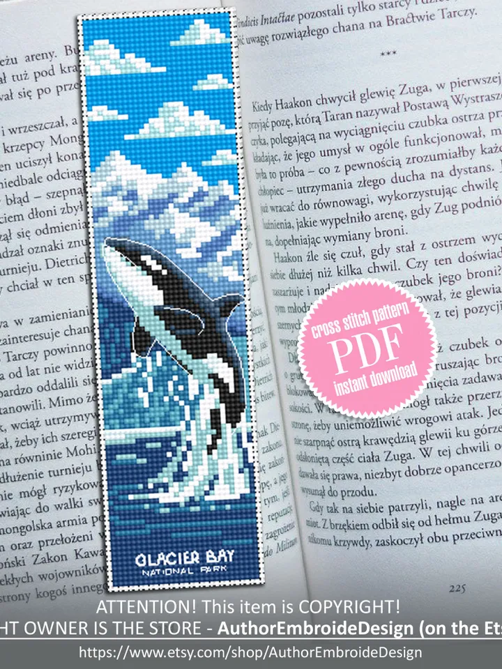 Ocean bookmark cross stitch pattern PDF download Killer whale cross stitch chart, Glacier bay national park bookmark pattern PDF, Orca #B183