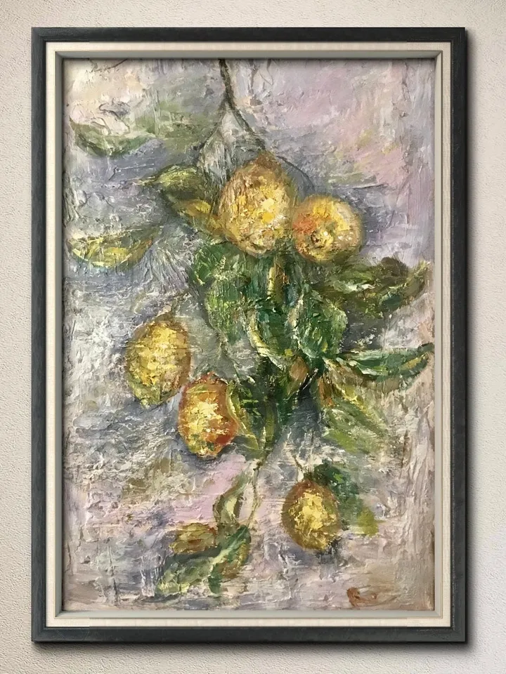 Lemons original oil painting on unstretched canvas,textured impressionistic painting,Monet inspired,dining room,kitchen decoration,art gift.