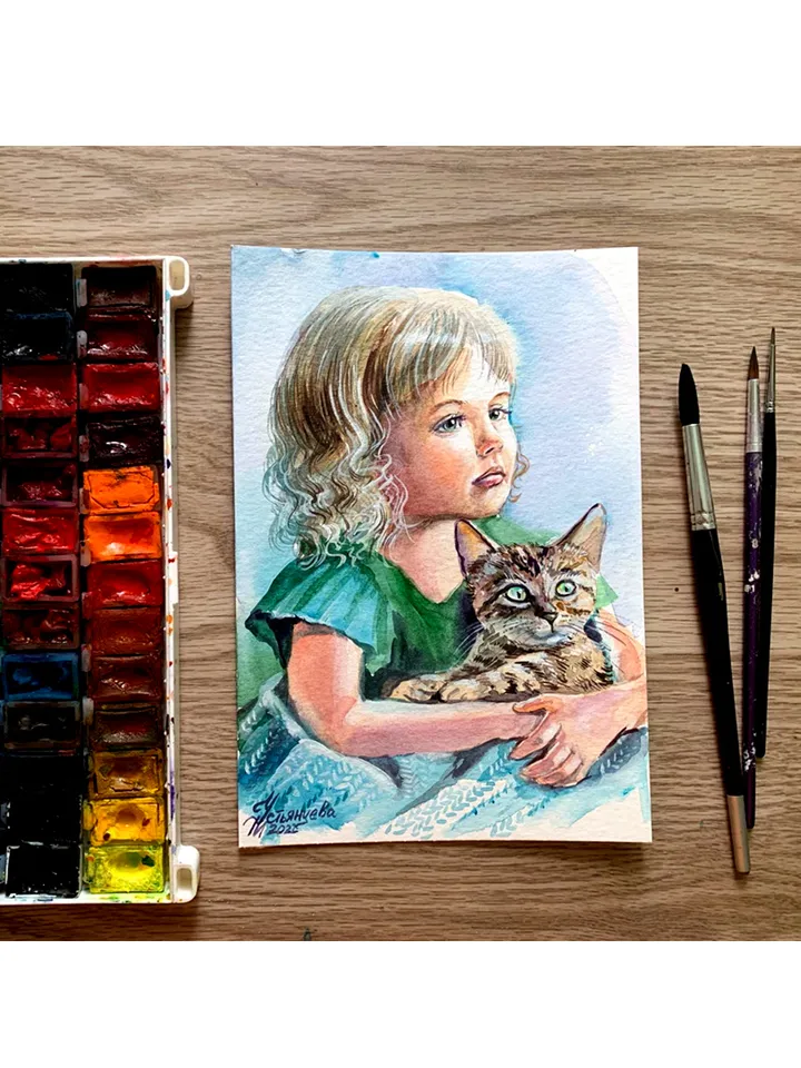 A girl with a kitten, watercolor painting, Portrait of a little girl
